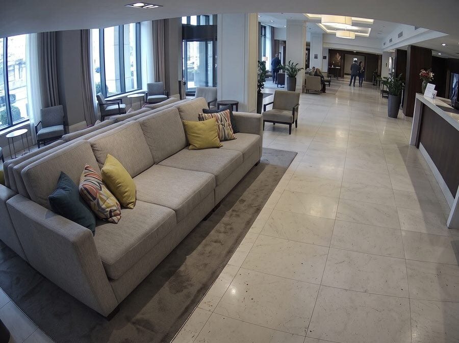 Asking a camera questions with VLM: a tidy hotel lobby